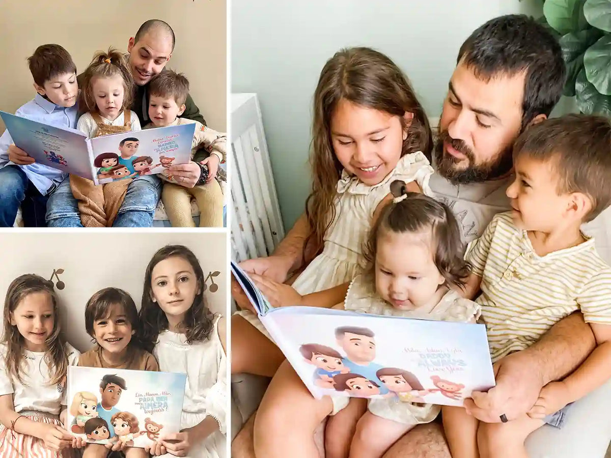 Familia descubriendo el Libro Personalizado para Papá.
