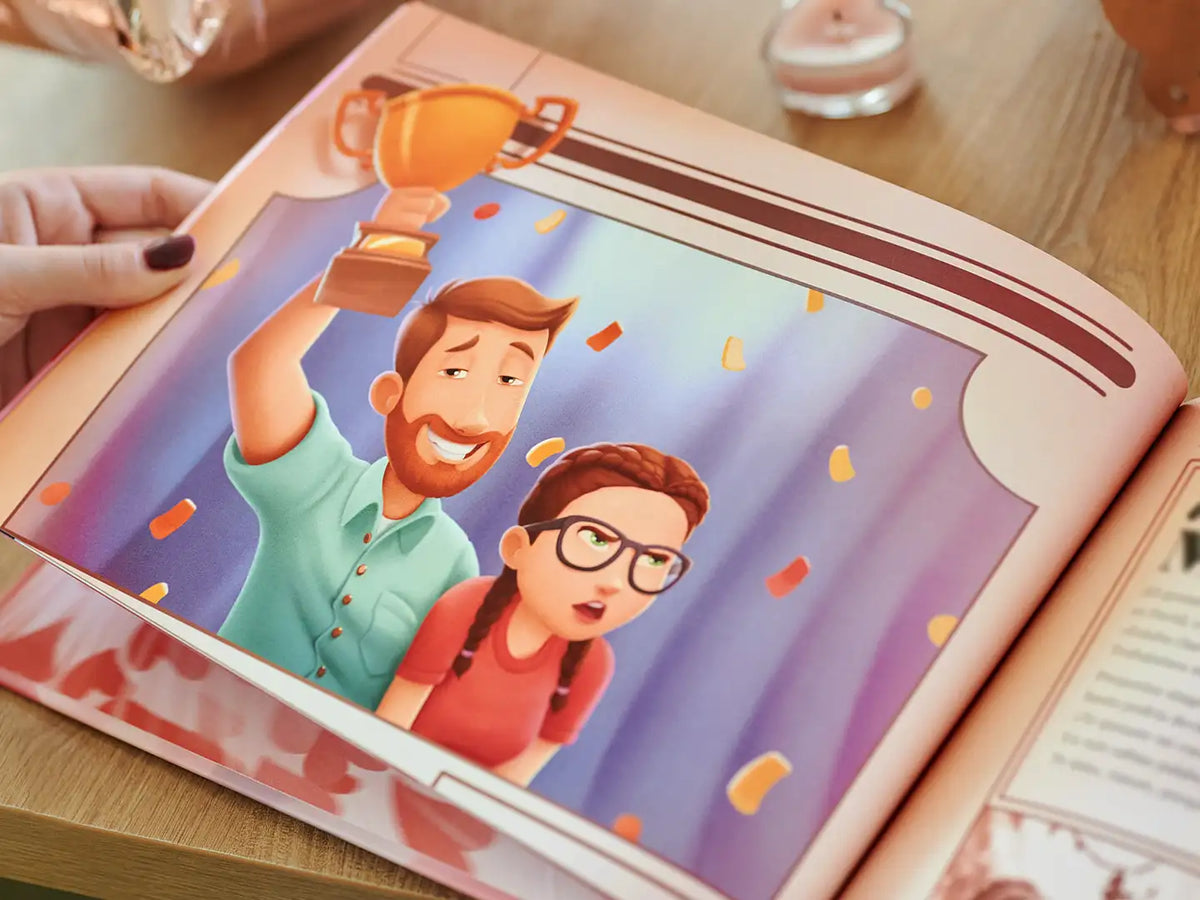 Ilustración vibrante de un libro de imágenes de amor personalizado para parejas que también es el mejor regalo para la pareja.